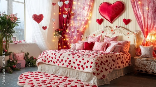 Interior of festive bedroom decorated with hearts for Valentines Day celebration