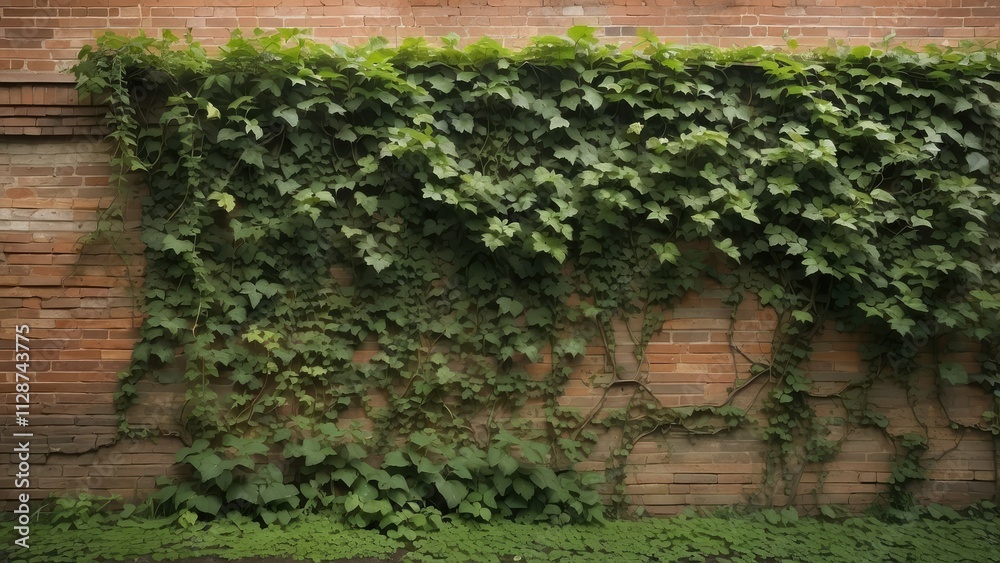 A weathered brick wall partially covered with green ivy A weathered brick wall partially covered with green ivy