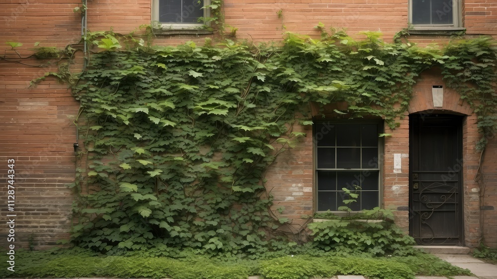 A weathered brick wall partially covered with green ivy A weathered brick wall partially covered with green ivy
