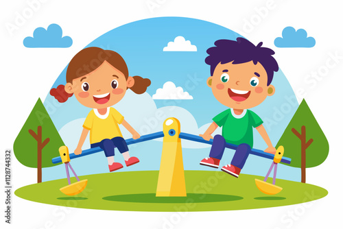 Colorful illustration of two happy children on a seesaw in a playground, enjoying their time outdoors with a clear sky  on a white background