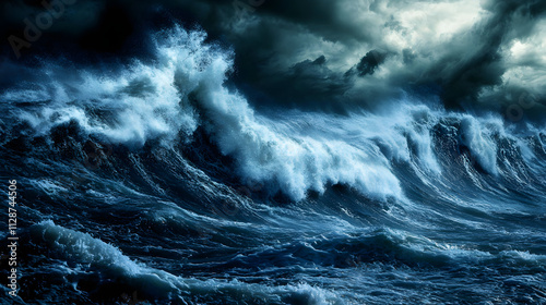 A raging ocean storm with colossal waves crashing against rocky cliffs under dark stormy skies.