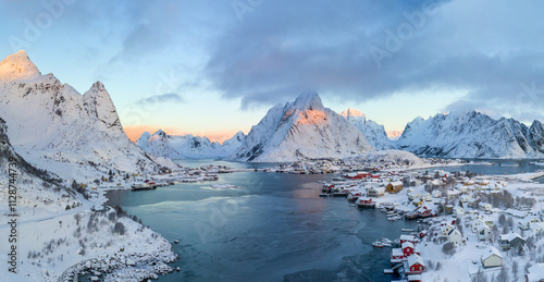 Aerial image of the iconic scene of Lofoten Islands at the sunrise time, Reine, Norway