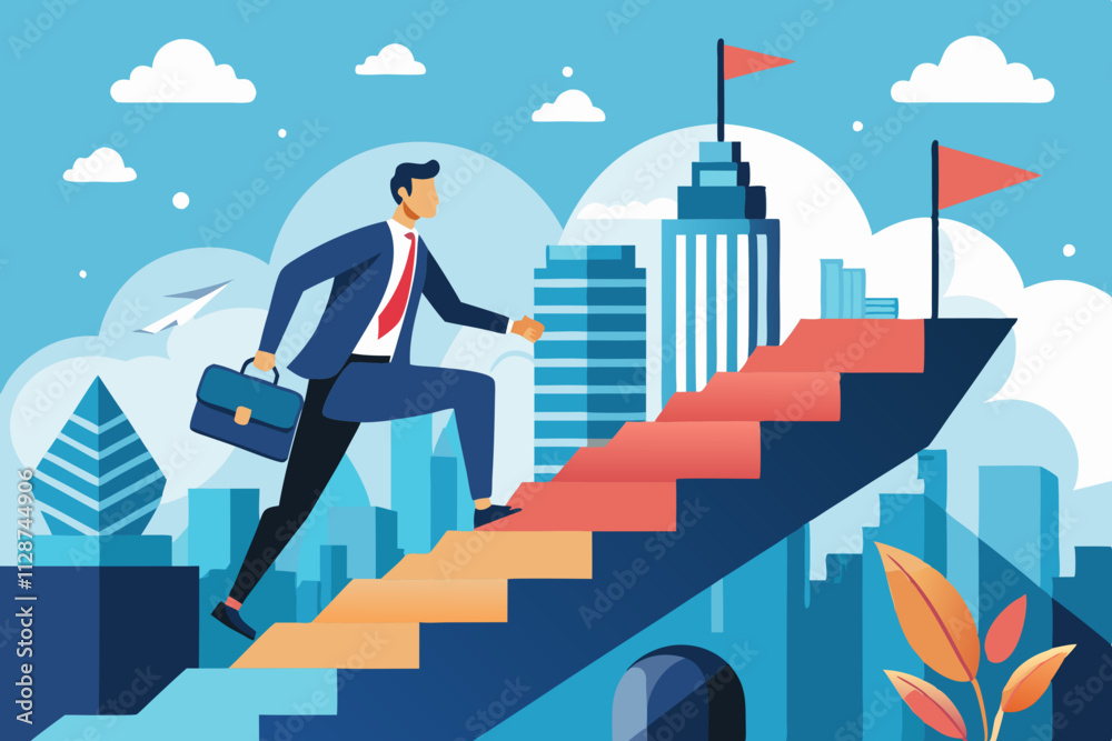 Businessman climbing steps towards success and achievement in cityscape Businessman climbing steps towards success and achievement in cityscape