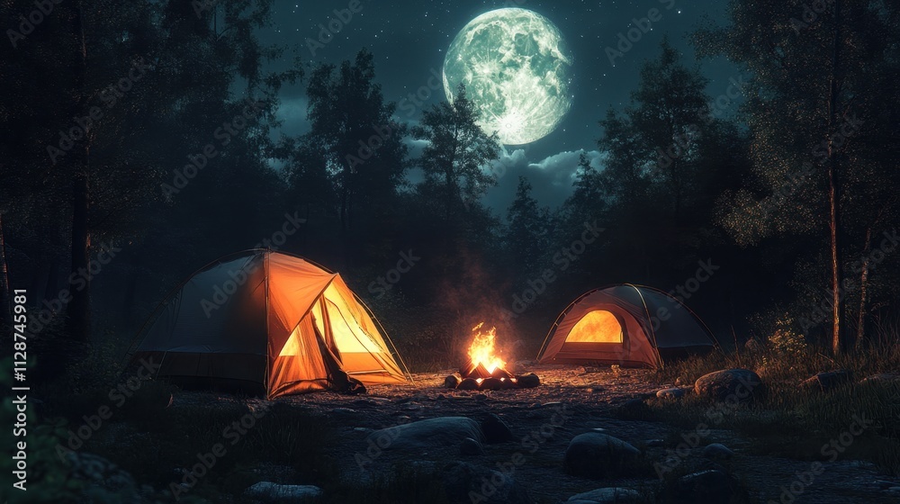 Cozy campsite with two glowing tents, a crackling bonfire, and a bright full moon casting light over the serene wilderness. Cozy campsite with two glowing tents, a crackling bonfire, and a bright full moon casting light over the serene wilderness.