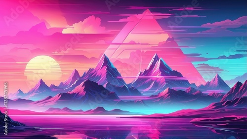 A vibrant, newon-themed digital landscape featuring stylized mountains created with gried pattersn.