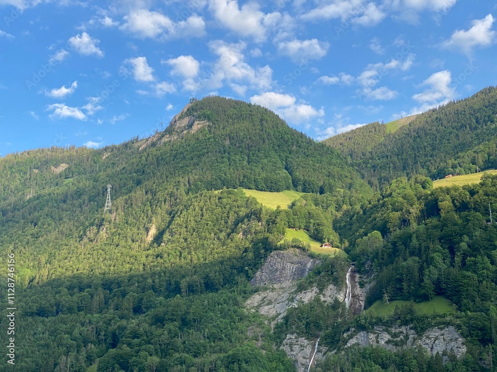 Fototapeta premium Alpine mountains above Lake Lungern or mixed forest above the natural reservoir Lungernsee - Canton of Obwald, Switzerland (Alpenberge und Mischwald oberhalb des Naturstausee Lungererses - Schweiz)