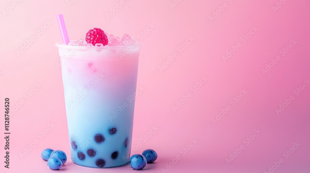 Pastel color boba drink with light pinks and blues, Pastel color boba drink with light pinks and blues,