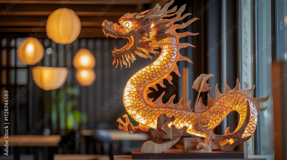 Fototapeta premium Decorative wooden dragon sculpture illuminated in a modern interior space with lanterns