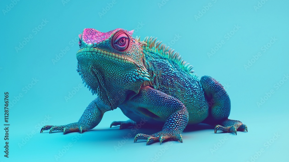 Obraz premium Vibrant iridescent lizard on blue background.