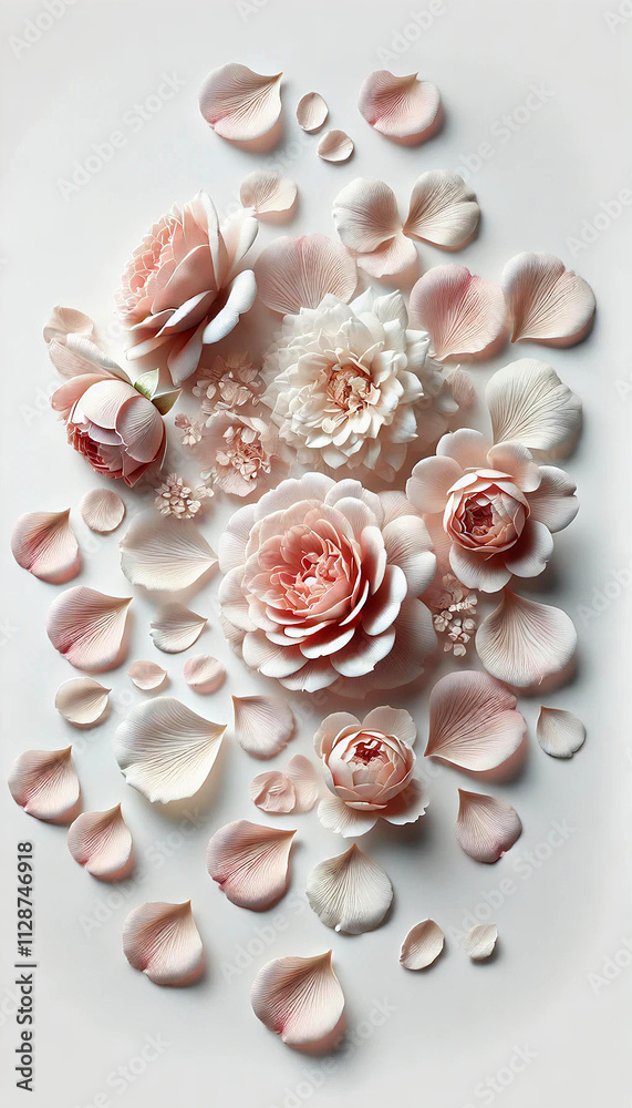 Soft rose pink petals and flowers on white background Soft rose pink petals and flowers on white background