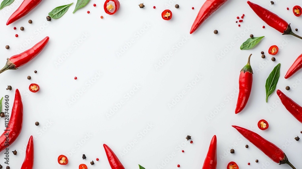 Vibrant Red Chili Peppers and Fresh Herbs on White Background Vibrant Red Chili Peppers and Fresh Herbs on White Background