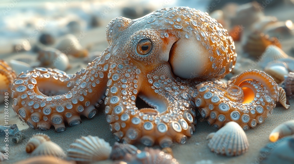 Obraz premium Adorable octopus on sandy beach among seashells at sunset.
