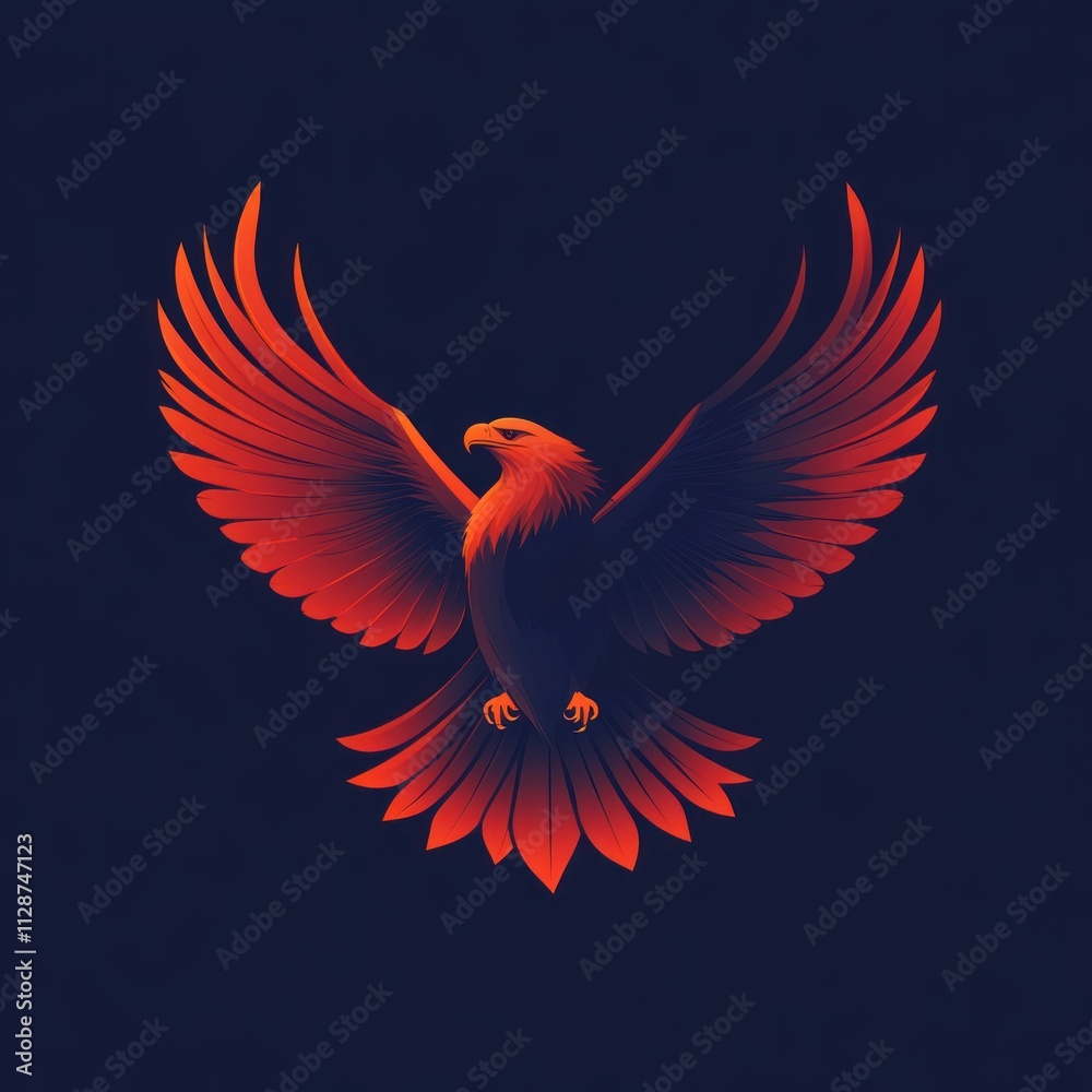 Fototapeta premium Fiery red eagle with wings spread wide, against a dark background.