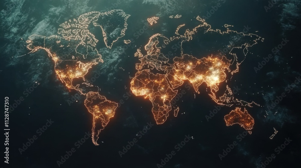 Obraz premium Digital world map overlay with dynamic light trails and geometric elements, representing international connectivity and modern business.