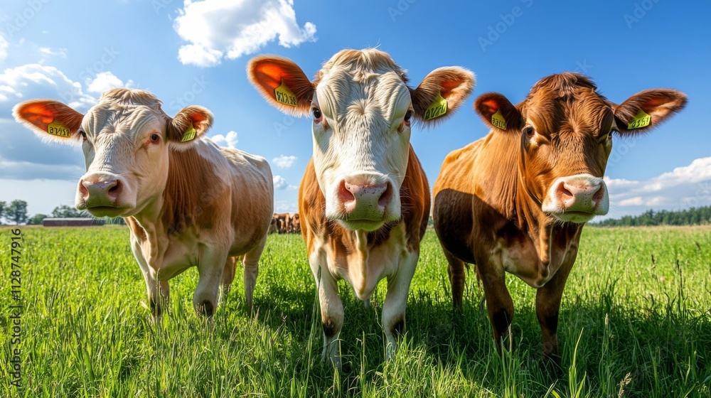 Three Cows Grazing in a Lush Green Field Three Cows Grazing in a Lush Green Field