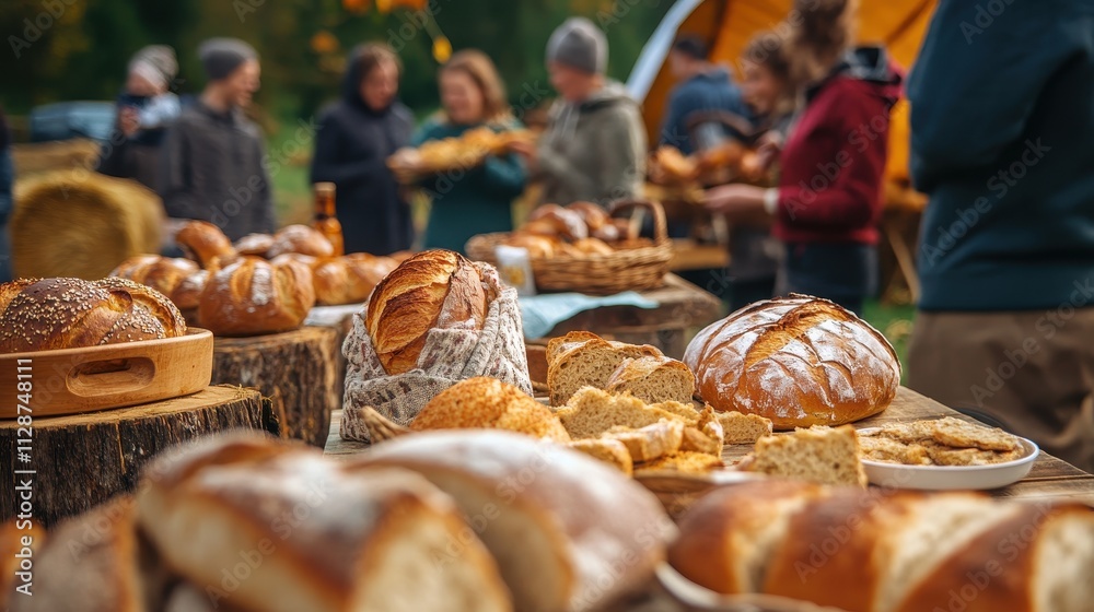 Artisan Breads at an Outdoor Market: A Rustic Gathering of Homemade Loaves Artisan Breads at an Outdoor Market: A Rustic Gathering of Homemade Loaves
