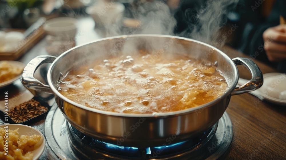 Hot Pot Cooking in a Restaurant with Steam and Ingredients Visible Hot Pot Cooking in a Restaurant with Steam and Ingredients Visible