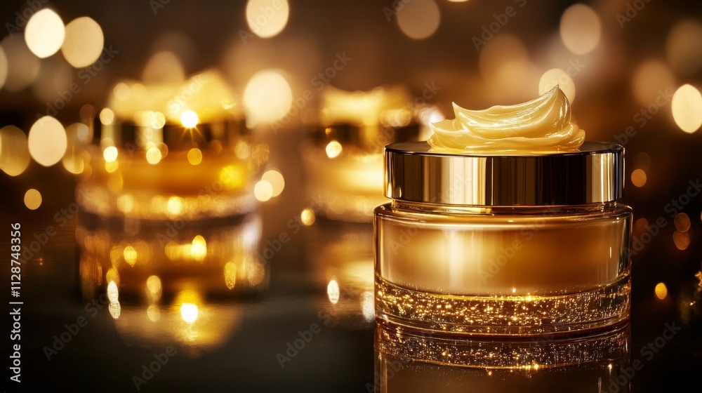 A Golden Jar of Face Cream with Glittering Particles A Golden Jar of Face Cream with Glittering Particles