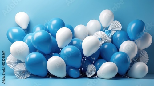 A flat lay image featuring decorative elements in various shades of blue