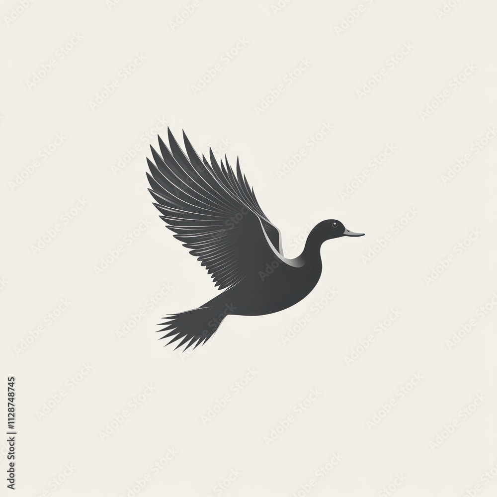 Fototapeta premium A grayscale illustration of a bird in flight, wings spread wide, against a light background.