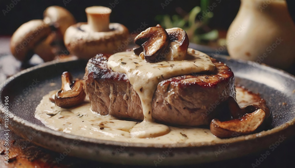 A delectable pan-seared steak, generously topped with creamy mushroom sauce and served alongside mushroom