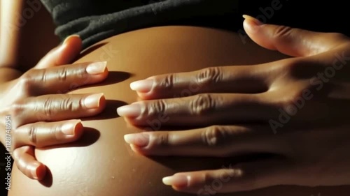 close up of pregnant african american woman's belly; concept of body positivity, motherhood, safe delivery and newborn care