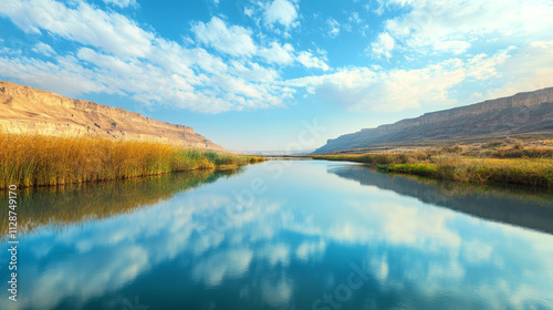 Stunning river reflecting clouds amidst rocky cliffs and grassy banks under a clear blue sky in a tranquil landscape