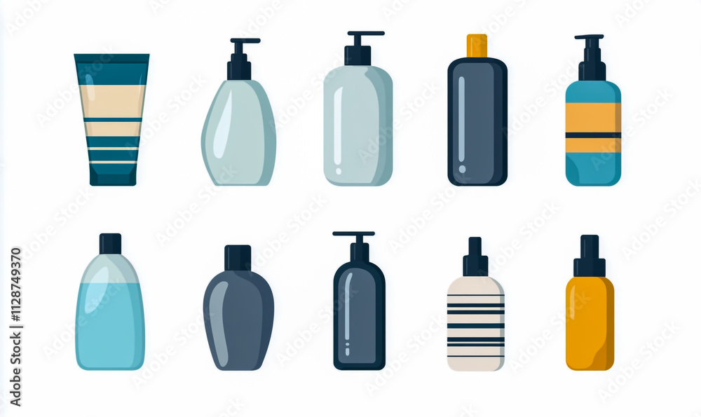 A collection of vector illustrations on a white background, showing different shapes and designs of shampoo bottles with modern, classic and unique styles. A collection of vector illustrations on a white background, showing different shapes and designs of shampoo bottles with modern, classic and unique styles.