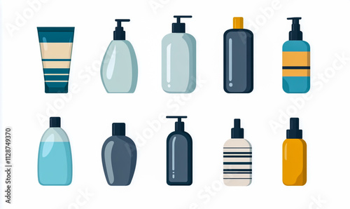A collection of vector illustrations on a white background, showing different shapes and designs of shampoo bottles with modern, classic and unique styles.