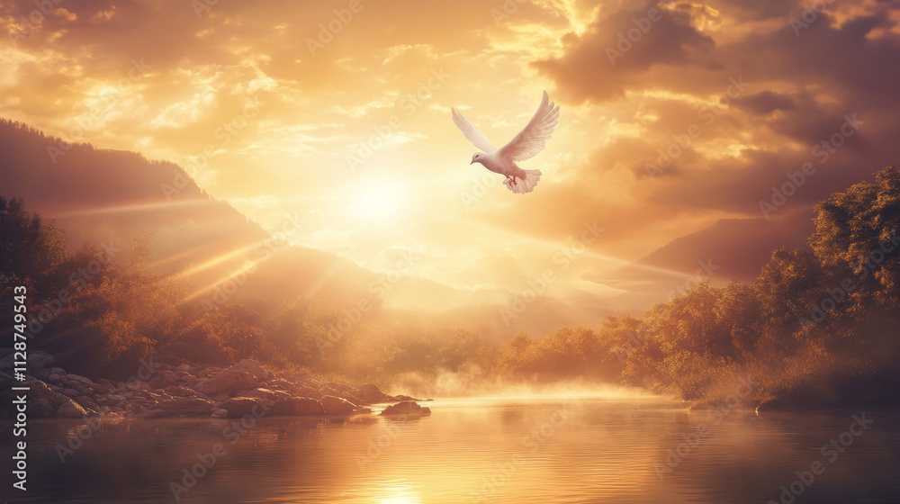 Majestic bird soaring above tranquil waters during a stunning sunset in nature\'s serene embrace Majestic bird soaring above tranquil waters during a stunning sunset in nature\'s serene embrace