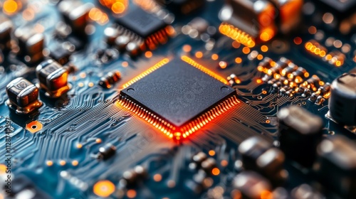 Close-up of a Microchip with Glowing Connections on a Circuit Board photo