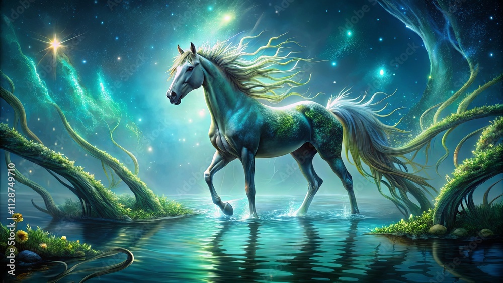 A Celestial Steed Walks Upon the Waters of an Enchanted Forest, Its Coat Shimmering with Ethereal Light A Celestial Steed Walks Upon the Waters of an Enchanted Forest, Its Coat Shimmering with Ethereal Light
