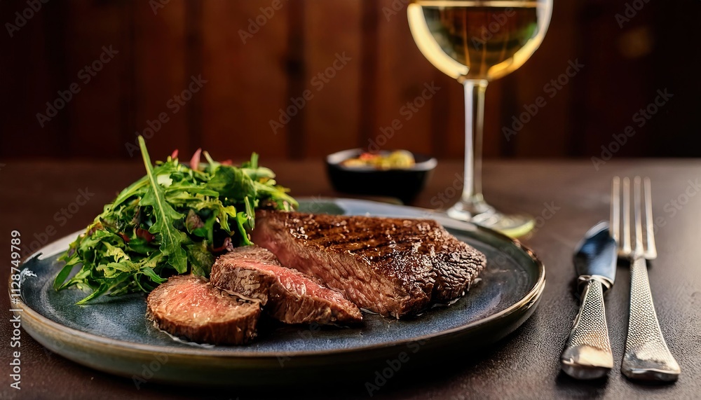 A perfectly grilled steak, sliced and served with a side of sauteed greens, accompanied by a glass of crisp white wine 