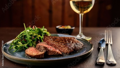 A perfectly grilled steak, sliced and served with a side of sauteed greens, accompanied by a glass of crisp white wine  photo