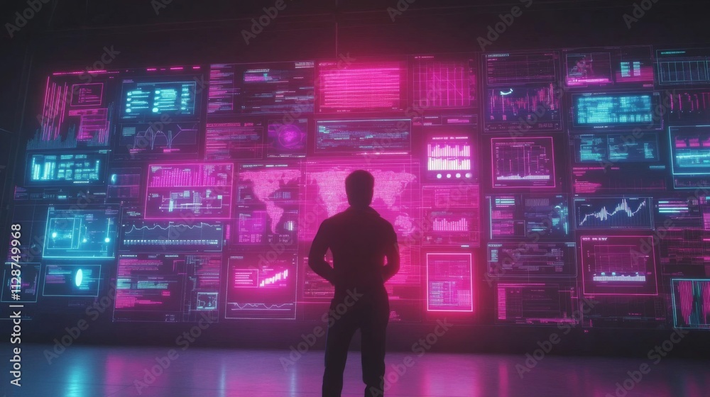 Silhouette of a Man in Front of a Wall of Glowing Digital Displays Silhouette of a Man in Front of a Wall of Glowing Digital Displays