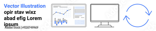 Graph chart on monitor, desktop screen, refresh symbol, and placeholder text convey data analysis, technology, and workflow. Ideal for business analytics, technology, data visualization, IT setups