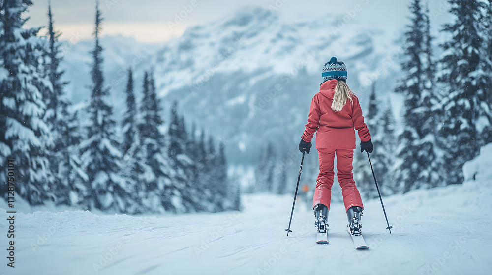 Young girl skiing in snowy landscape, enjoying winter sports Young girl skiing in snowy landscape, enjoying winter sports