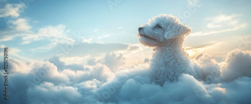 Fluffy White Dog in a Dreamlike Cloud Landscape photo