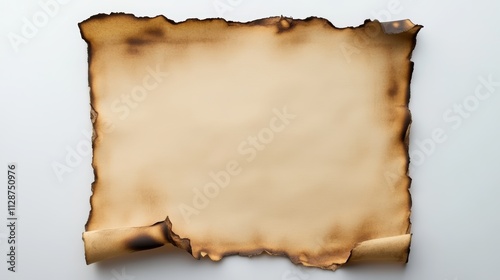 A piece of antique-looking paper with burnt edges on a white background