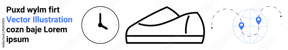 Clock with black hands, running shoe outline, geographical globe with location pins. Ideal for fitness, time management, exercise routines, global tracking, punctuality, sports branding, mobile apps Clock with black hands, running shoe outline, geographical globe with location pins. Ideal for fitness, time management, exercise routines, global tracking, punctuality, sports branding, mobile apps