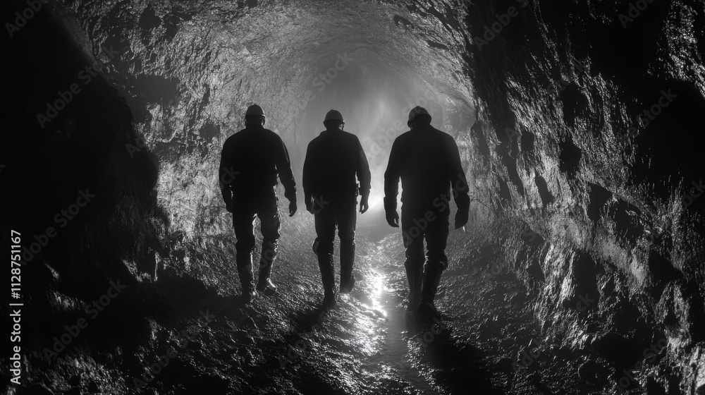 Fototapeta premium Three Silhouettes Walking Through a Dark Tunnel