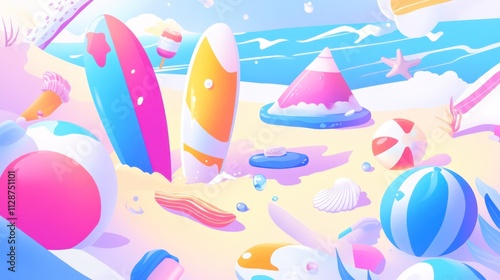 Wallpaper Mural Pastel Beach Scene with Surfboards and Beach Balls Torontodigital.ca