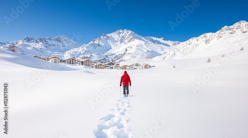 Solo Adventurer in Snowy Mountain Resort at Dusk photo