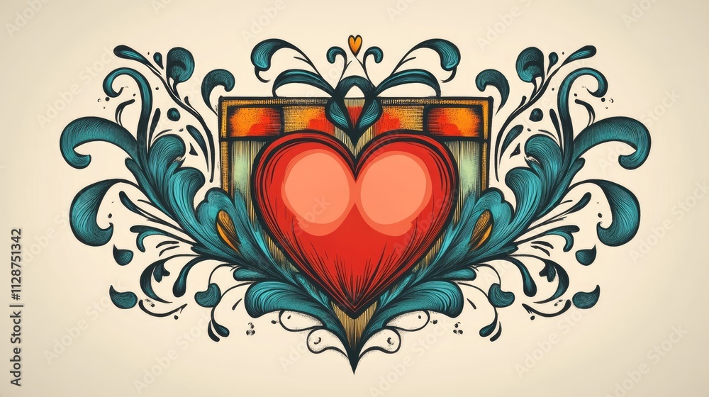 Vibrant Heart Illustration with Floral Elements and Decorative Swirls Vibrant Heart Illustration with Floral Elements and Decorative Swirls