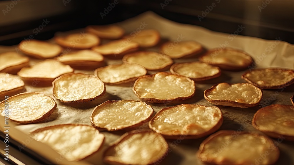 Crispy Golden Potato Chips Baking on a Sheet in the Oven Crispy Golden Potato Chips Baking on a Sheet in the Oven