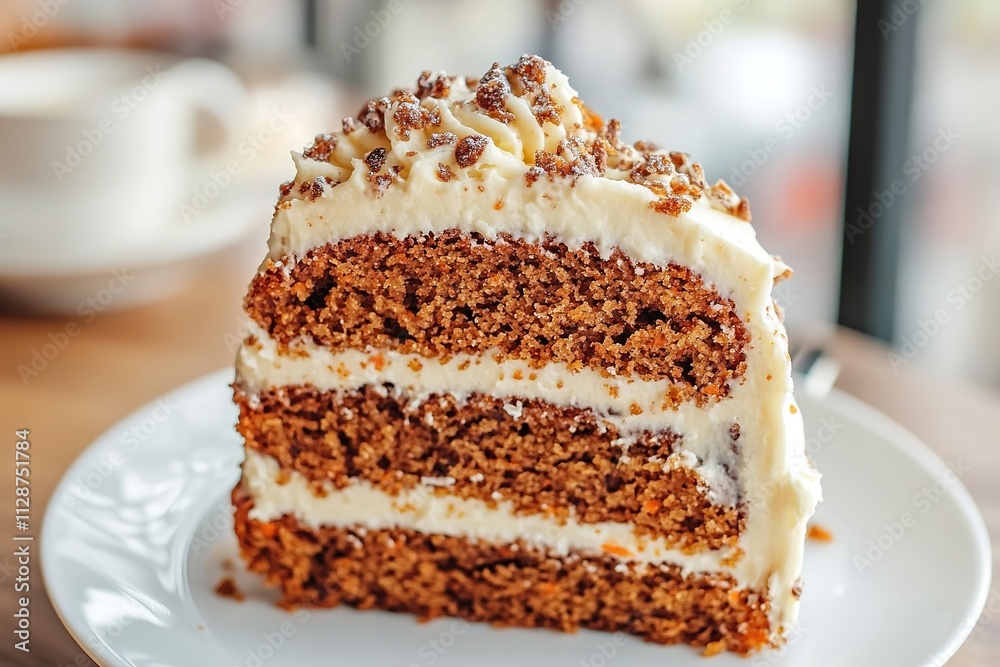 Carrot cake slice on plate with creamy frosting Carrot cake slice on plate with creamy frosting