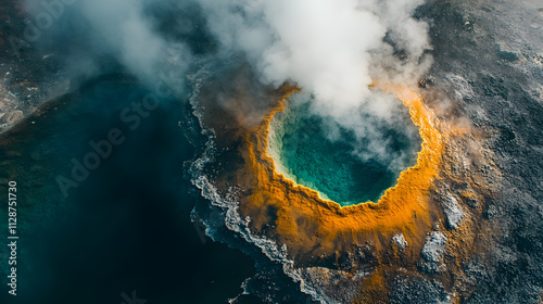 A steaming volcanic vent surrounded by colorful mineral deposits captured from above by a drone.