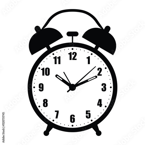 Alarm clock vector icon. Wake-up timer, timekeeping device, and morning reminder symbol. Black silhouette isolated on white background.