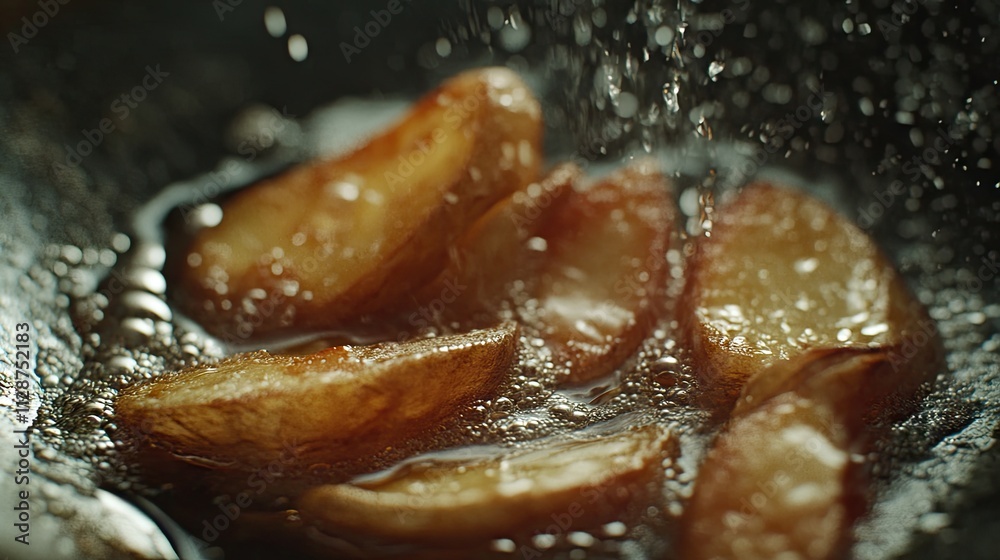 Close-up of Sizzling Potato Slices in Hot Oil with Water Splash Close-up of Sizzling Potato Slices in Hot Oil with Water Splash