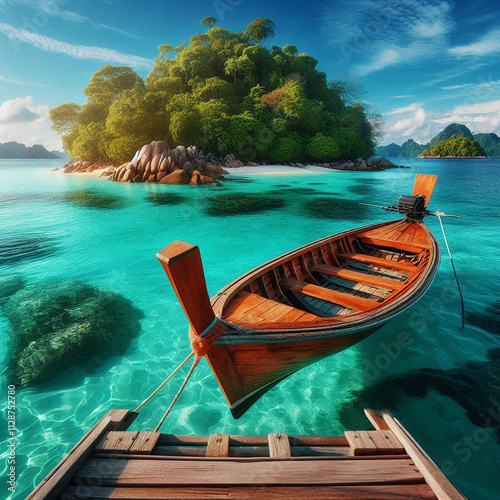 a wooden boat floats on clear turquoise water near a lush island showcasing a beautiful tropical setting photo